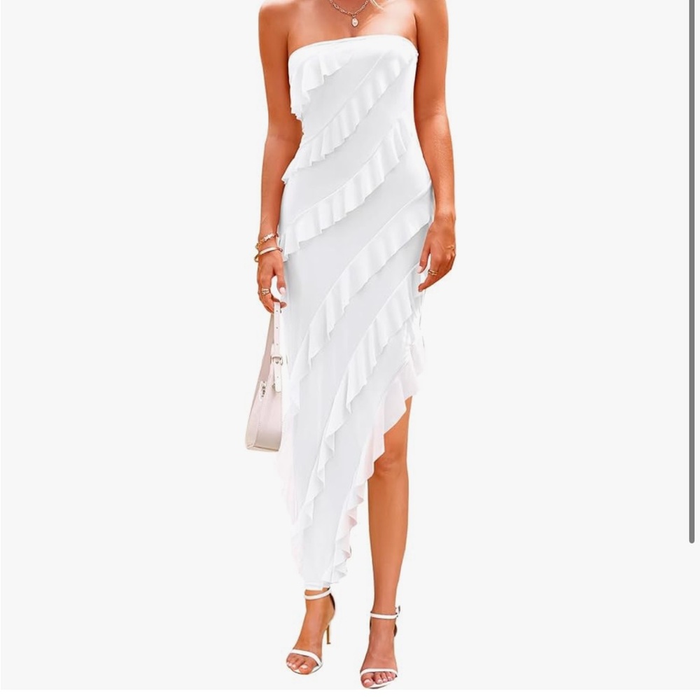 PRETTYGARDEN Womens Strapless Tube Asymmetrical Ruffle Maxi Bodycon Dress